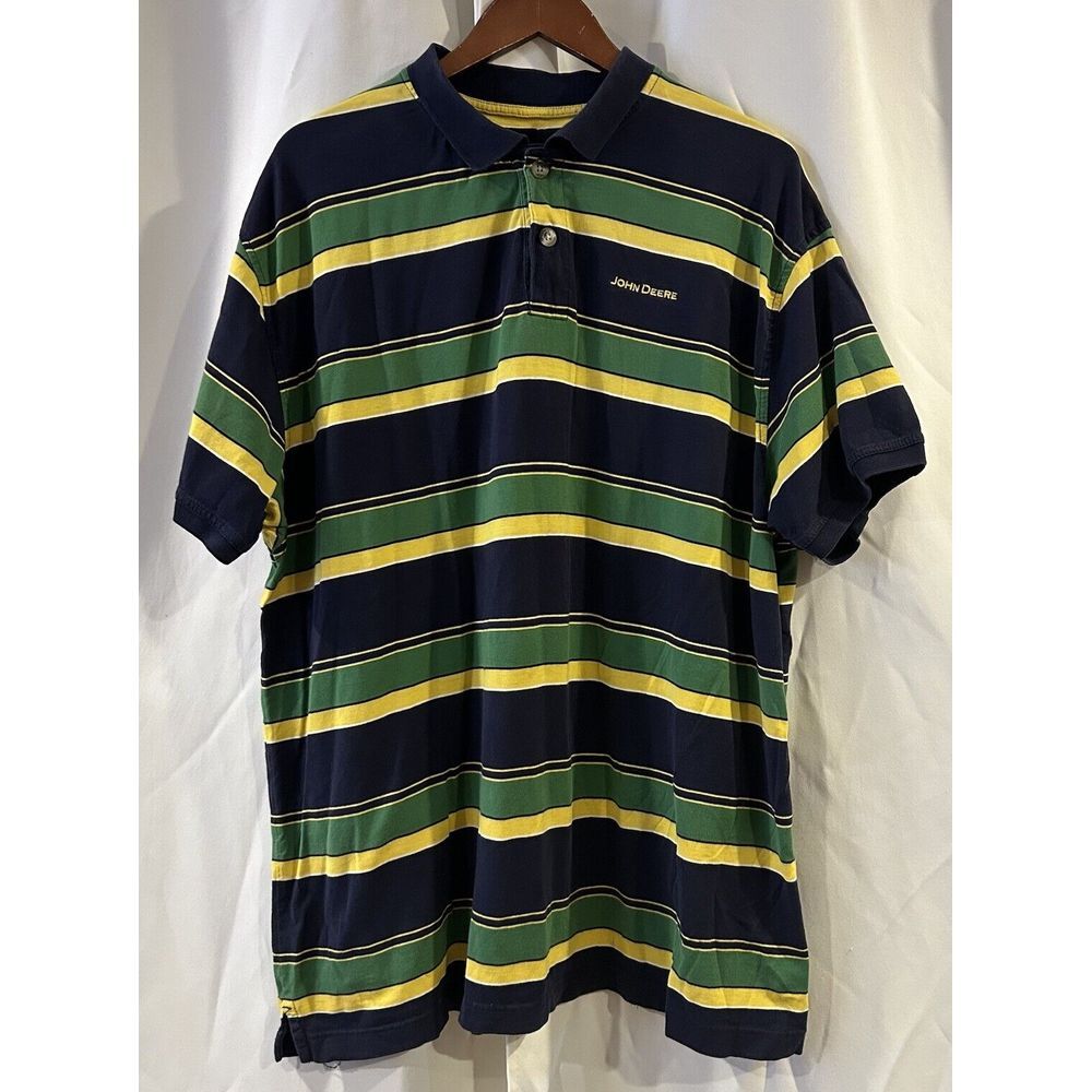 John Deere Polo Mens Size XXL Short Sleeve Green Blue Yellow Stripe